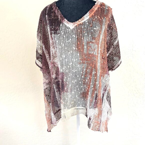 Jess & Jane - Crochet Sequin Splash Paint Look Top - Cream/Purple/Orange - Sz L - Picture 1 of 7